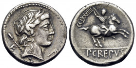 P. Crepusius, 82 BC. Denarius (Silver, 16.5 mm, 3.82 g, 1 h), Rome. Laureate head of Apollo to right, with scepter on his far shoulder; behind, E; bel...