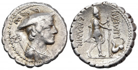 C. Mamilius Limetanus, 82 BC. Denarius Serratus (Silver, 19 mm, 3.85 g, 3 h), Rome. Draped bust of Mercury to right, wearing winged petasos and with c...