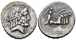 Q. Antonius Balbus, 83-82 BC. Denarius Serratus (Silver, 20 mm, 3.82 g, 5 h), Rome. S · C Laureate head of Jupiter to right; below chin, A·. Rev. Q ·(...