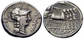 L. Sulla and L. Manlius Torquatus, 82 BC. Denarius (Silver, 16.5 mm, 3.82 g, 7 h), mint moving with Sulla in Italy. L · MANLI - PRO · Q Helmeted head ...