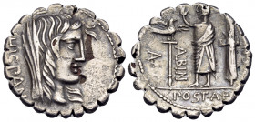 A. Postumius A.f. Sp.n. Albinus, 81 BC. Denarius Serratus (Silver plated bronze, 19 mm, 2.56 g, 1 h), Rome. HISPAN Veiled head of Hispania to right. R...