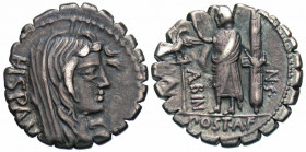 A. Postumius A.f. Sp.n. Albinus, 81 BC. Denarius Serratus (Silver, 18 mm, 3.79 g, 3 h), Rome. HISPAN Veiled head of Hispania to right. Rev. [A ·] POST...