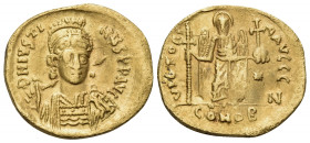 Justin I, 518-527. Solidus (Gold, 20 mm, 3.86 g, 6 h), Constantinople, 7th officina (Z), 522-527. DN IVSTINVS PP AVI Helmeted and cuirassed bust of Ju...