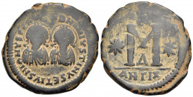 Justin I & Justinian I, 527. 40 Nummia or Follis (Bronze, 34 mm, 18.55 g, 11 h), Antioch, 4th officina (Δ). D N IVSTINVS ЄT IVSTINIANVS P P A Diademed...