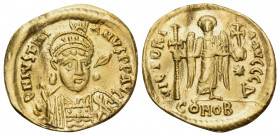 Justinian I, 527-565. Solidus (Gold, 20 mm, 3.69 g, 6 h), Constantinople, 4th officina (Δ), 527-537. D N IVSTINIANVS PP AVG Helmeted and cuirassed bus...