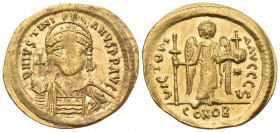 Justinian I, 527-565. Solidus (Gold, 21 mm, 4.32 g, 6 h), Constantinople, 6th officina (S), 538-545. D N IVSTINI-ANVS P P AVG Helmeted and cuirassed b...