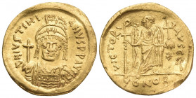 Justinian I, 527-565. Solidus (Gold, 20 mm, 4.18 g, 1 h), Constantinople, 3rd officina (Γ), 545-565. D N IVSTINI - ANVS P P AVG Helmeted and cuirassed...