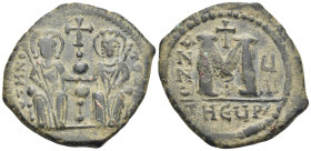 Justin II, with Sophia, 565-578. Follis or 40 nummi (Bronze, 33 mm, 14.13 g, 6 h), Theoupolis (Antioch), Γ = 3rd officina, year 7 = 571-572. VTMNO TOO...