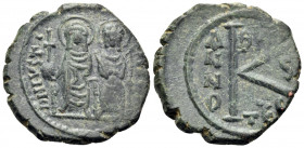 Justin II, with Sophia, 565-578. Half Follis (Bronze, 20 mm, 5.12 g, 6 h), Thessalonica. Nimbate figures of Justin II and Sophia seated facing on doub...