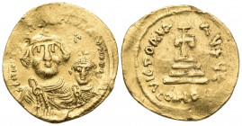 Heraclius, with Heraclius Constantine, 610-641. Solidus (Gold, 21.5 mm, 4.44 g, 7 h), Constantinople, 5th officina (E), 616-625. dd NN hERACLIUS ET hE...