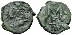 Heraclius, with Heraclius Constantine, 610-641. Follis (Bronze, 25 mm, 7.15 g, 5 h), Sicilian mint, 632-641. Countermark with the crowned facing busts...