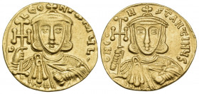 Constantine V Copronymus, with Leo III, 741-775. Solidus (Gold, 20 mm, 4.45 g, 5 h), Constantinople, 742-745. d LEO-N P A MЧL' Crowned and bearded bus...
