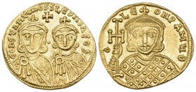 Constantine V Copronymus, with Leo IV and Leo III, 741-775. Solidus (Gold, 20.5 mm, 4.43 g, 5 h), Constantinople, 750-756. COҺSτAҺτIҺOS S LЄOҺ O ҺЄOS ...