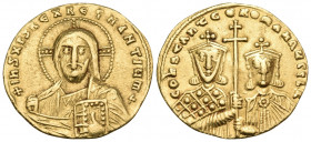 Constantine VII Porphyrogenitus, with Romanus II, 913-959. Solidus (Gold, 20 mm, 4.39 g, 7 h), Constantinople, 947-950. +IhS XPS REX REGNANTIЧm+ Facin...
