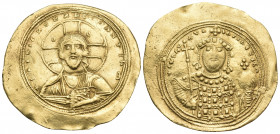 Constantine IX Monomachus, 1042-1055. Histamenon nomisma (Gold, 28 mm, 4.38 g, 5 h), Constantinople. + IhS XIS REX REGNANTInm / IC - XC Bust of Christ...