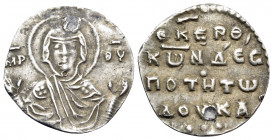 Constantine X Ducas, 1059-1067. 1/3 Miliaresion (Silver, 9 mm, 0.69 g, 6 h). Nimbate bust of the Virgin, orans, wearing pallium and maphorium. Rev. ΘΚ...
