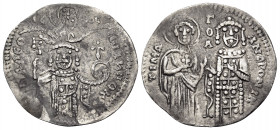 John V Palaeologus, 1341-1391. Basilikon (Silver, 20 mm, 1.19 g, 6 h), Constantinople, Struck late 1341(?). IΩANH OK O ΠAΛEO / IC - XC Half-length fig...