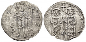 John V Palaeologus, with John VI Cantacuzene, 1341-1391. Basilikon (Silver, 20 mm, 1.17 g, 6 h), Constantinople. O-Α-Γ-Ιω - Ο-monogram of ΠΡΟΔΡΟΜ-OC S...