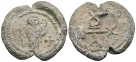 BYZANTINE SEALS. Antiochos, Circa 6th-7th century. Seal or Bulla (Lead, 28 mm, 12.82 g, 12 h). Nimbate Virgin Mary, standing facing between two crosse...