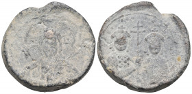 Basil II Bulgaroktonos, with Constantine VIII, 976-1025. Seal or Bulla (Lead, 28 mm, 20.78 g, 11 h). +ЄΜΜΑ-ΝΟYΗΛ / IC - XC Nimbate bust of Christ Pant...