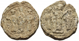 Romanus IV Diogenes, with Eudocia, Michael VII, Constantius, and Andronicus, 1068-1071. Seal or Bulla (Lead, 33 mm, 23.51 g, 11 h). PΩMAN S EYΔK B PM ...