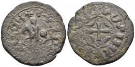 ARMENIA, Cilician Armenia. Baronial. Levon II, 1187-1198. Pogh (Bronze, 26 mm, 6.05 g, 6 h). Levon II on horseback to left. Rev. Cross pattée, with en...
