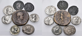 ROMAN IMPERIAL. Circa 1st-3rd century. (Silver/Bronze, 50.00 g). A fine Lot of Eight (8) Silver and Bronze coins, including a Sestertius of Hadrian, D...