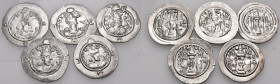 SASANIAN KINGS. Circa 6th- 7th century AD. (Silver, 20.23 g). Lot of Five (5) Sasanian Drachms mostly of Khosroes II 590-628. An attractive group with...