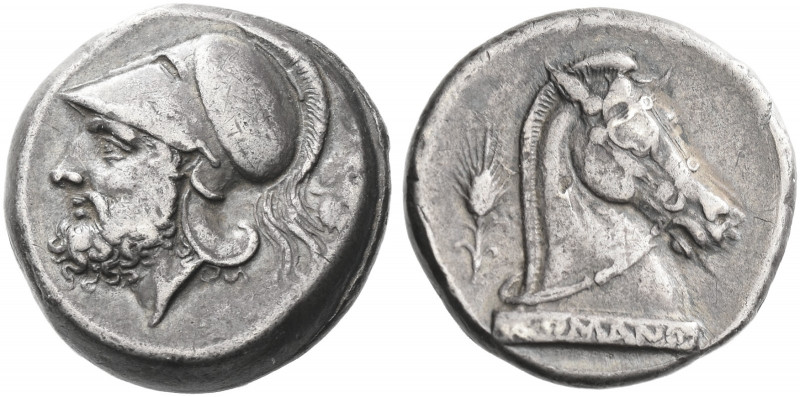 Roman Republic. 
Didrachm, Neapolis circa 310-300, AR 7.02 g. Helmeted head of ...