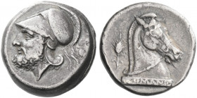 Roman Republic. 
Didrachm, Neapolis circa 310-300, AR 7.02 g. Helmeted head of bearded Mars l.; behind, oak-spray. Rev. Horse's head r. on base inscr...
