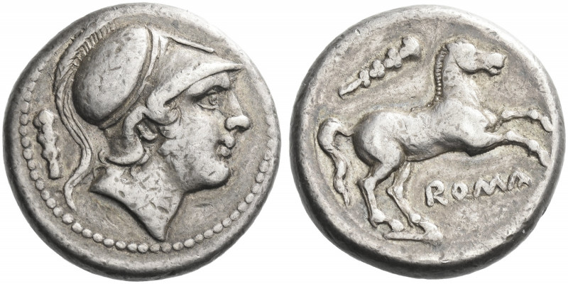 Roman Republic.
Didrachm circa 230-226, AR 6.64 g. Helmeted head of beardless M...