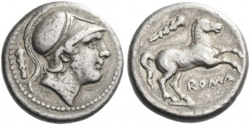 Roman Republic.
Didrachm circa 230-226, AR 6.64 g. Helmeted head of beardless Mars r.; behind, club. Rev. Horse galloping r.; above, club. Below, ROM...