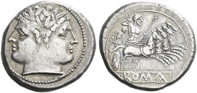 Roman Republic. 
Quadrigatus circa 225-214, AR 6.66 g. Laureate Janiform head o...