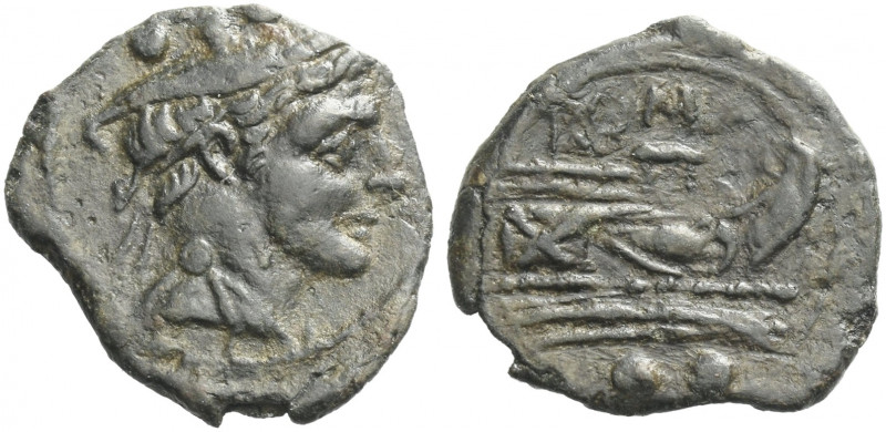 Roman Republic. 
Sextans, Sardinia, Sicily or Campania after 211, Æ 1.90 g. Hea...