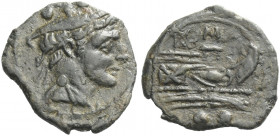 Roman Republic. 
Sextans, Sardinia, Sicily or Campania after 211, Æ 1.90 g. Head of Mercury r.; above, two pellets. Rev. ROMA Prow r.; below, two pel...