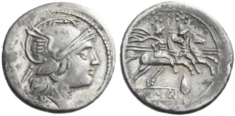 Roman Republic. 
Quinarius, South East Italy circa 211-210, AR 1.78 g. Helmeted...