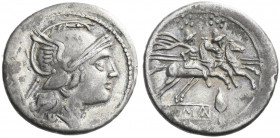 Roman Republic. 
Quinarius, South East Italy circa 211-210, AR 1.78 g. Helmeted head of Roma r.; behind, V. Rev. The Dioscuri galloping r.; below, sp...