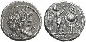 Roman Republic. 
Victoriatus, Campania (?) circa 211-208, AR 3.20 g. Laureate head of Jupiter r.; below head, [И]. Rev. Victory crowning trophy; in e...