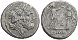 Roman Republic. 
Victoriatus, Luceria circa 214-212, AR 3.03 g. Laureate head of Jupiter r. Rev. Victory crowning trophy; in lower field, LT ligate a...