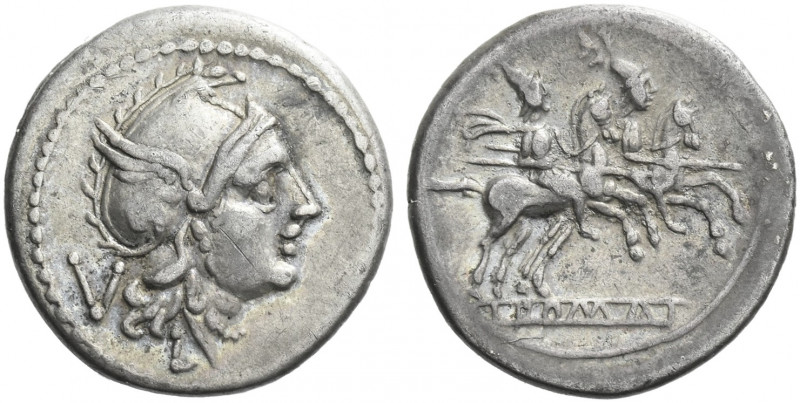 Roman Republic. 
L – T series. Quinarius, Luceria 214-212, AR 2.10 g. Head of R...
