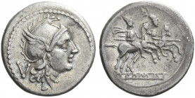 Roman Republic. 
L – T series. Quinarius, Luceria 214-212, AR 2.10 g. Head of Roma r., wearing Phrygian helmet; behind, V and below, L. Rev. The Dios...