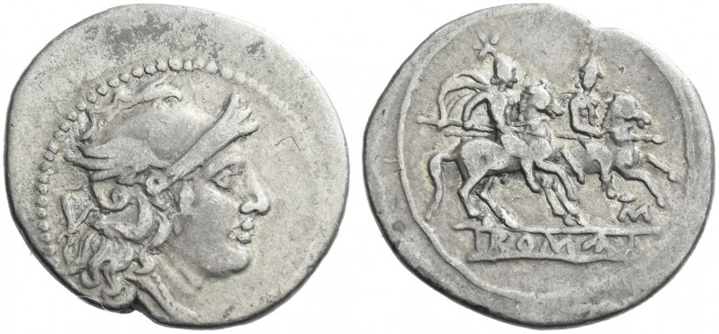 Roman Republic. 
Quinarius, Apulia (?) 211-210, AR 2.11 g. Helmeted head of Rom...
