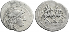 Roman Republic. 
Quinarius, Apulia (?) 211-210, AR 2.11 g. Helmeted head of Roma r.; behind, V. Rev. The Dioscuri galloping r.; below, TM ligate and ...