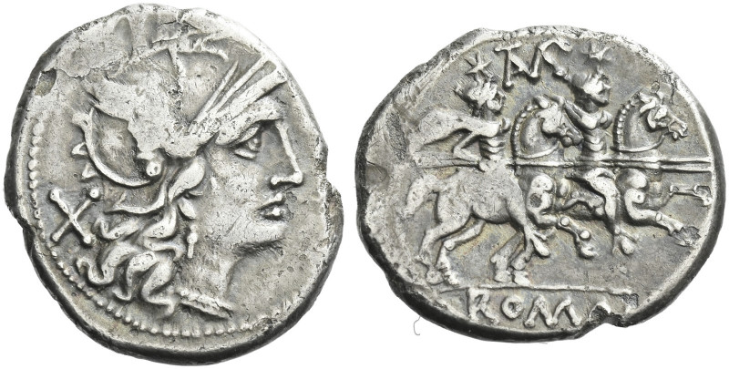Roman Republic. 
Denarius circa 194-190, AR 3.98 g. Helmeted head of Roma r.; b...