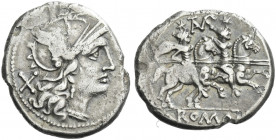 Roman Republic. 
Denarius circa 194-190, AR 3.98 g. Helmeted head of Roma r.; behind, X. Rev. The Dioscuri galloping r.; above horses, TAMP ligate an...