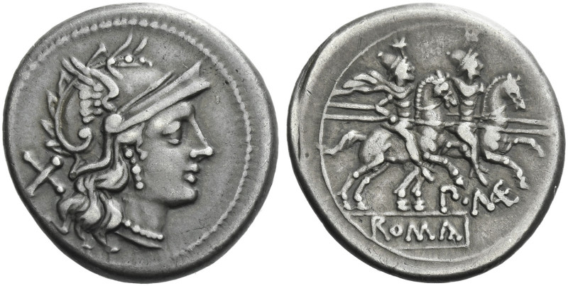 Roman Republic. 
P. Mae. Denarius circa 194-190, AR 3.97 g. Helmeted head of Ro...