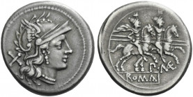 Roman Republic. 
P. Mae. Denarius circa 194-190, AR 3.97 g. Helmeted head of Roma r.; behind, X. Rev. The Dioscuri galloping r.; below, P·MAE (MAE li...