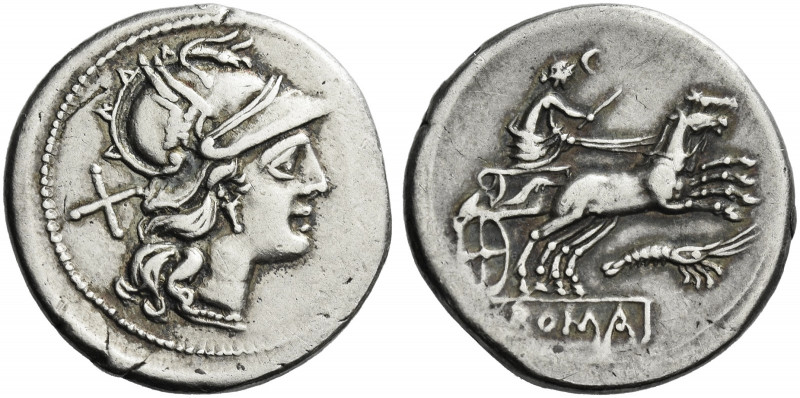 Roman Republic. 
Denarius circa 179-170, AR 3.55 g. Helmeted head of Roma r.; b...
