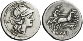 Roman Republic. 
Denarius circa 179-170, AR 3.55 g. Helmeted head of Roma r.; behind, X. Rev. Luna in prancing biga r.; below, prawn and ROMA in part...