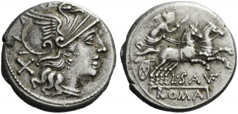 Roman Republic. 
L. Saufeius. Denarius 152, AR 3.91 g. Helmeted head of Roma r....